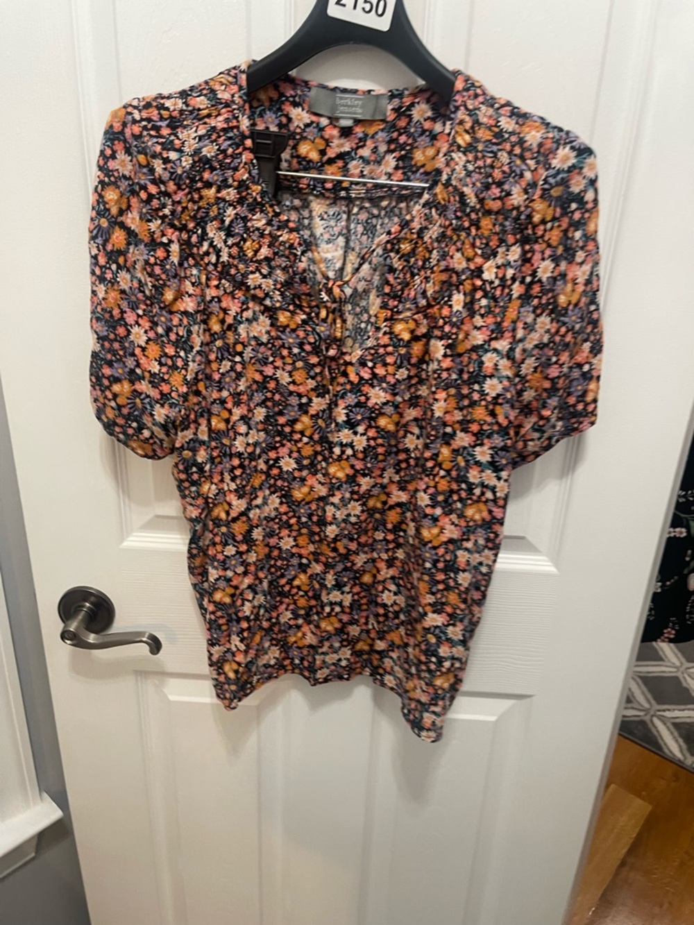 Floral Short-Sleeve V-Neck Blouse in Navy with Pink & Orange Blooms